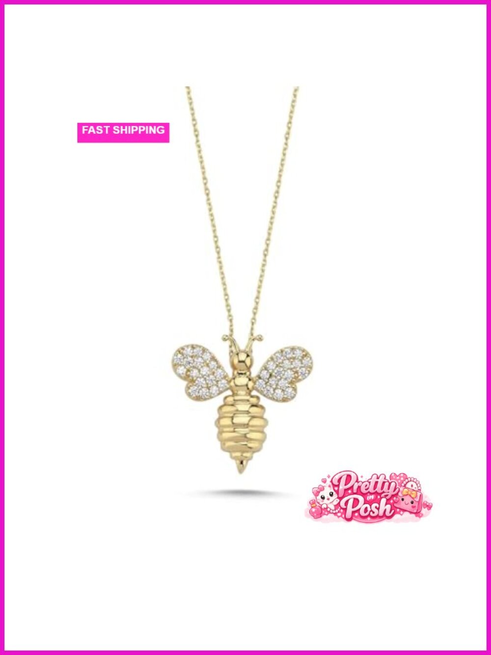 14k Solid Gold Dainty Bee Pendant Necklace, 18" Cable Chain, Zircon Stone, Pave